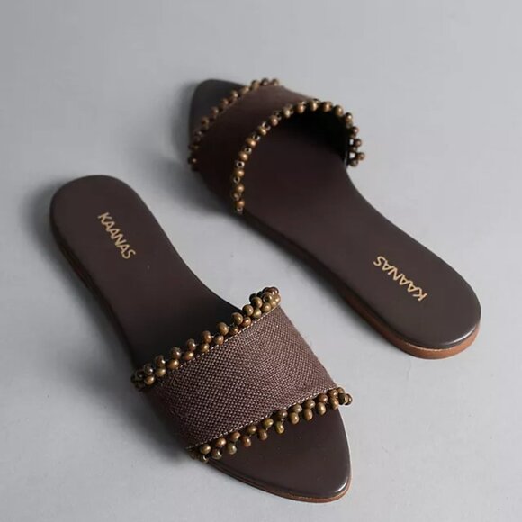 New Kaanas Cala Asymmetric Linen Slide in Chocolate brown flat sandal - Picture 1 of 9